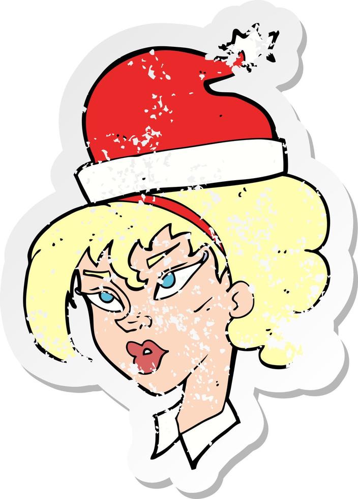 pegatina retro angustiada de una mujer de dibujos animados lista para Navidad vector