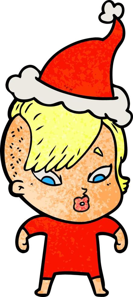 textured cartoon of a surprised girl wearing santa hat vector