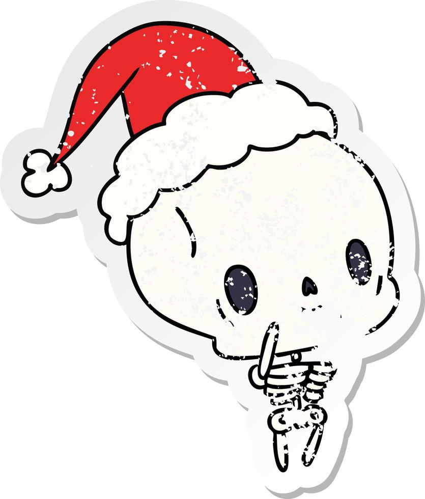 christmas distressed sticker cartoon of kawaii skeleton vector