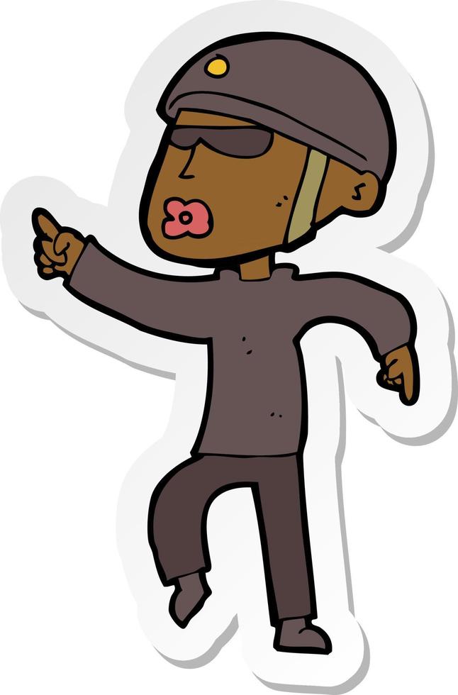 sticker of a cartoon man in bike helmet pointing vector