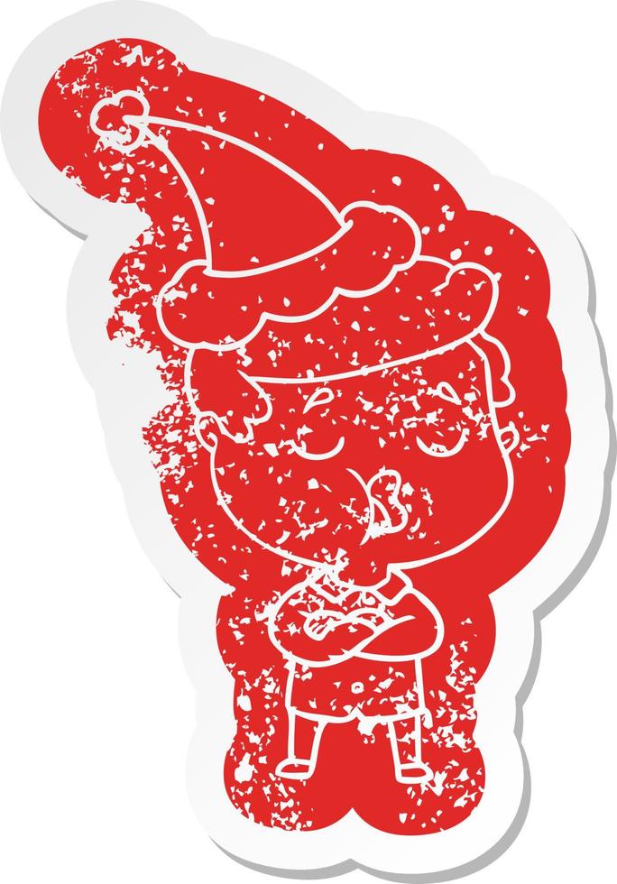 cartoon distressed sticker of a man talking wearing santa hat vector