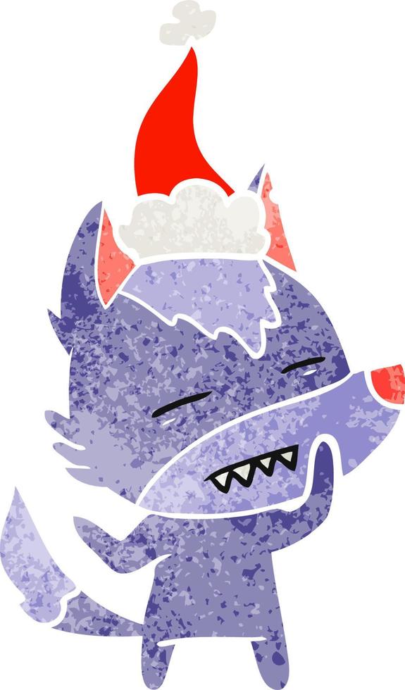 retro cartoon of a wolf showing teeth wearing santa hat vector