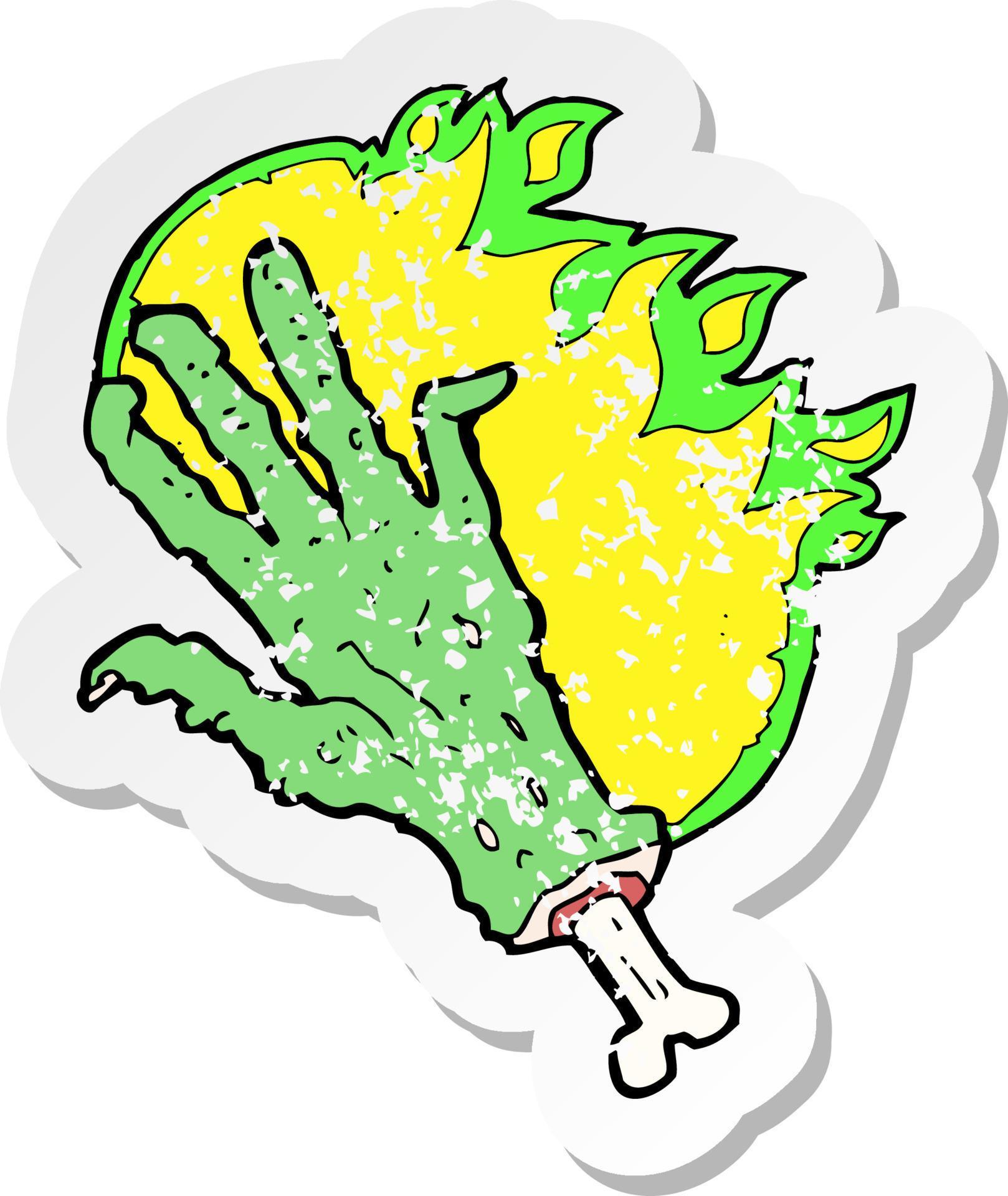retro distressed sticker of a cartoon gross flaming zombie hand