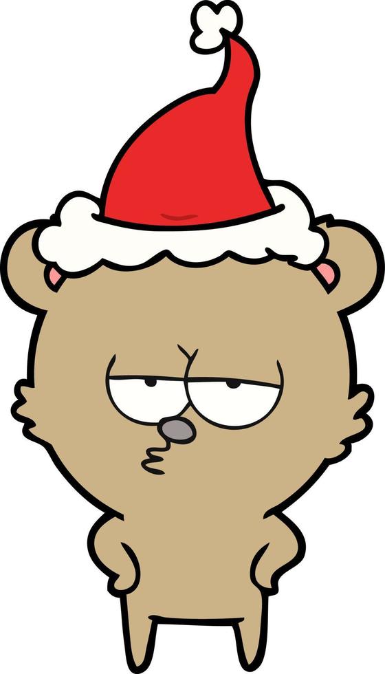 bored bear line drawing of a wearing santa hat vector