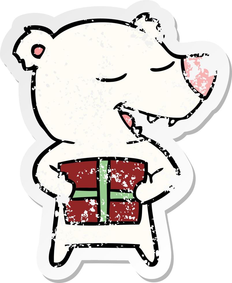 distressed sticker of a cartoon polar bear with present vector