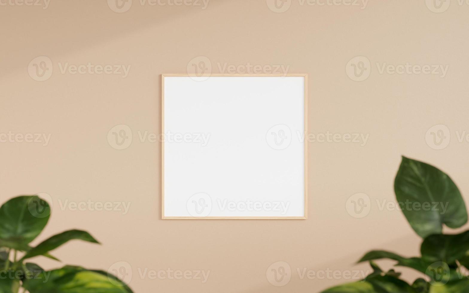 Clean and minimalist front view square wooden photo or poster frame mockup hanging on the wall with blurry plant. 3d rendering.