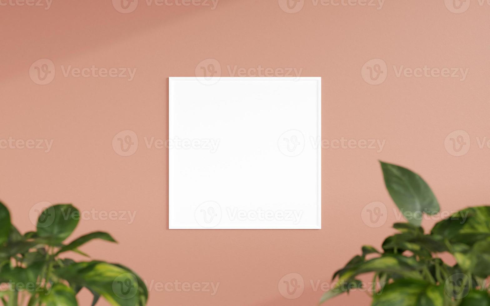 Clean and minimalist front view square white photo or poster frame mockup hanging on the wall with blurry plant. 3d rendering.