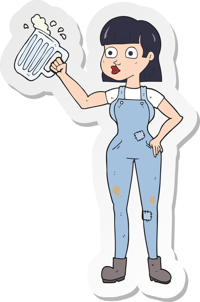 sticker of a cartoon woman with beer vector