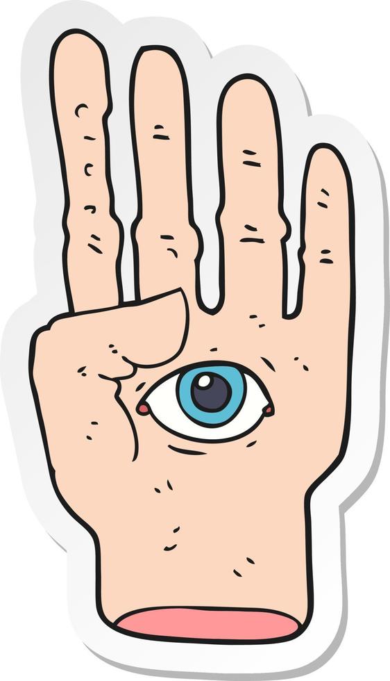sticker of a cartoon spooky hand with eyeball vector
