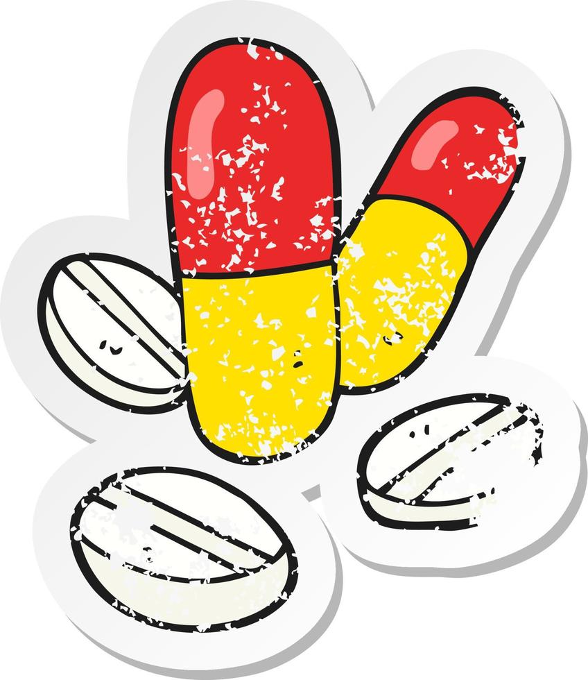 pegatina retro angustiada de una caricatura de pastillas vector