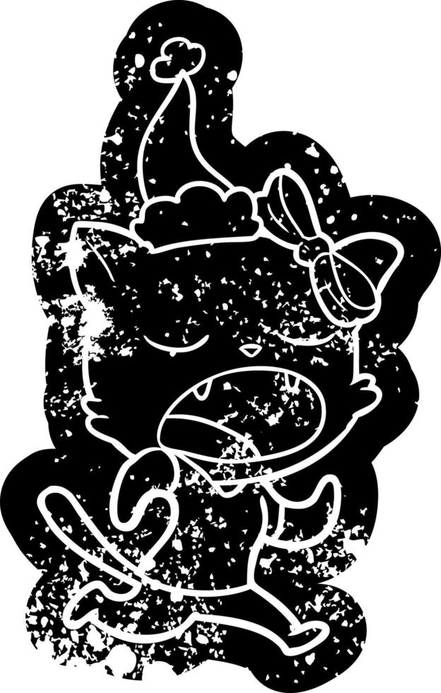 cartoon distressed icon of a yawning cat wearing santa hat vector