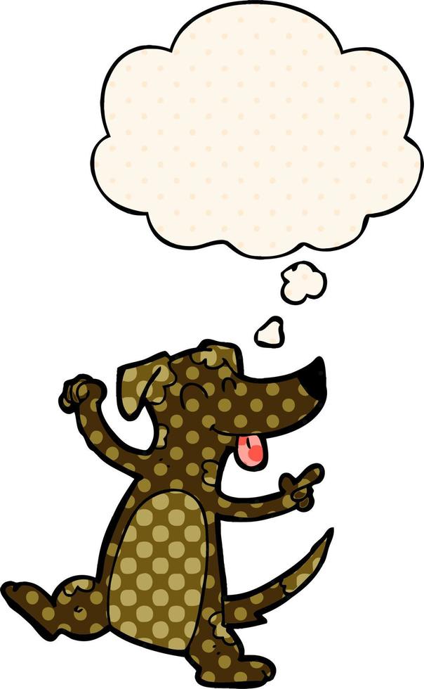 cartoon dancing dog and thought bubble in comic book style vector
