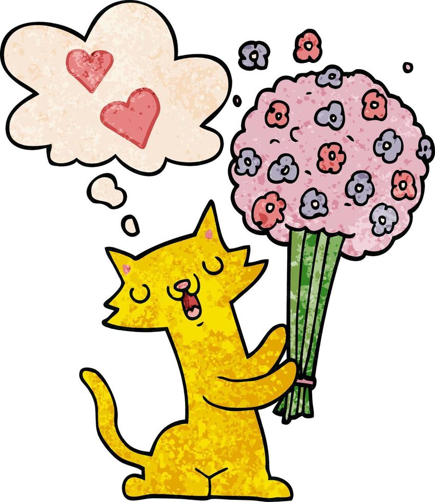 gato de dibujos animados enamorado de las flores y la burbuja del pensamiento en estilo de patrón de textura grunge vector