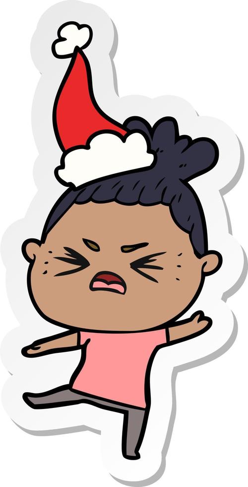 sticker cartoon of a angry woman wearing santa hat vector