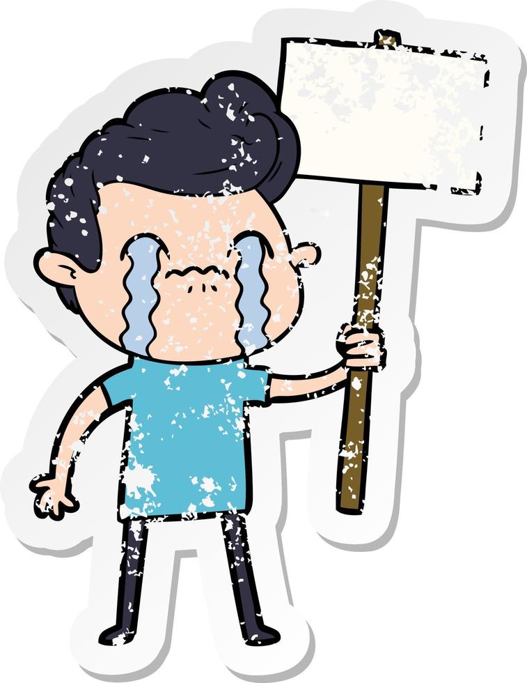 distressed sticker of a cartoon man crying holding sign vector