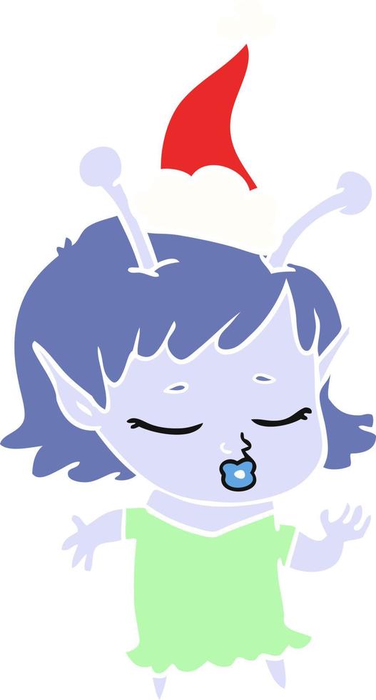 cute alien girl flat color illustration of a wearing santa hat vector