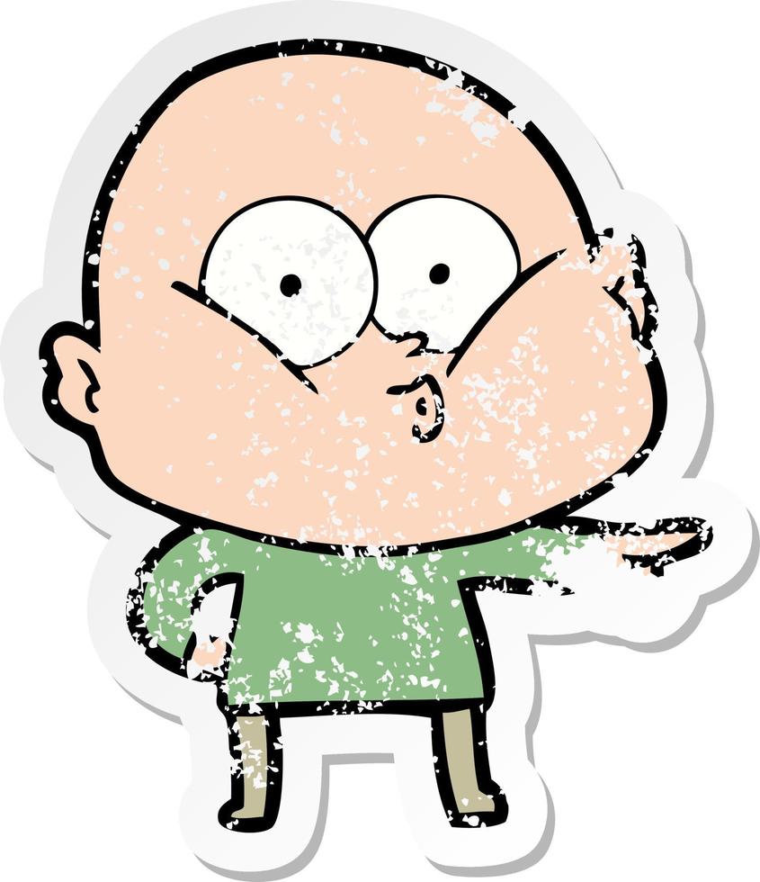 distressed sticker of a cartoon bald man staring vector