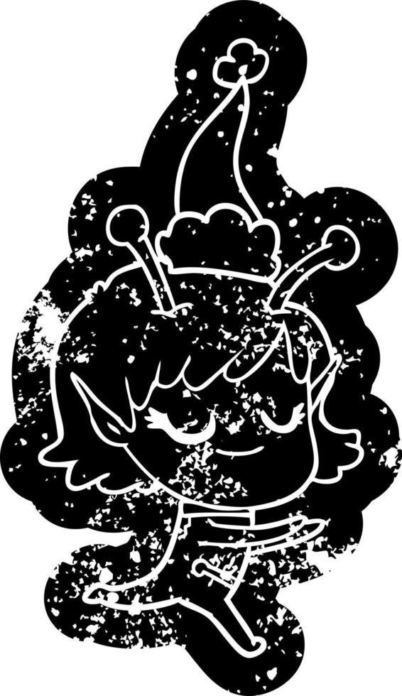 smiling alien girl cartoon distressed icon of a running wearing santa hat vector