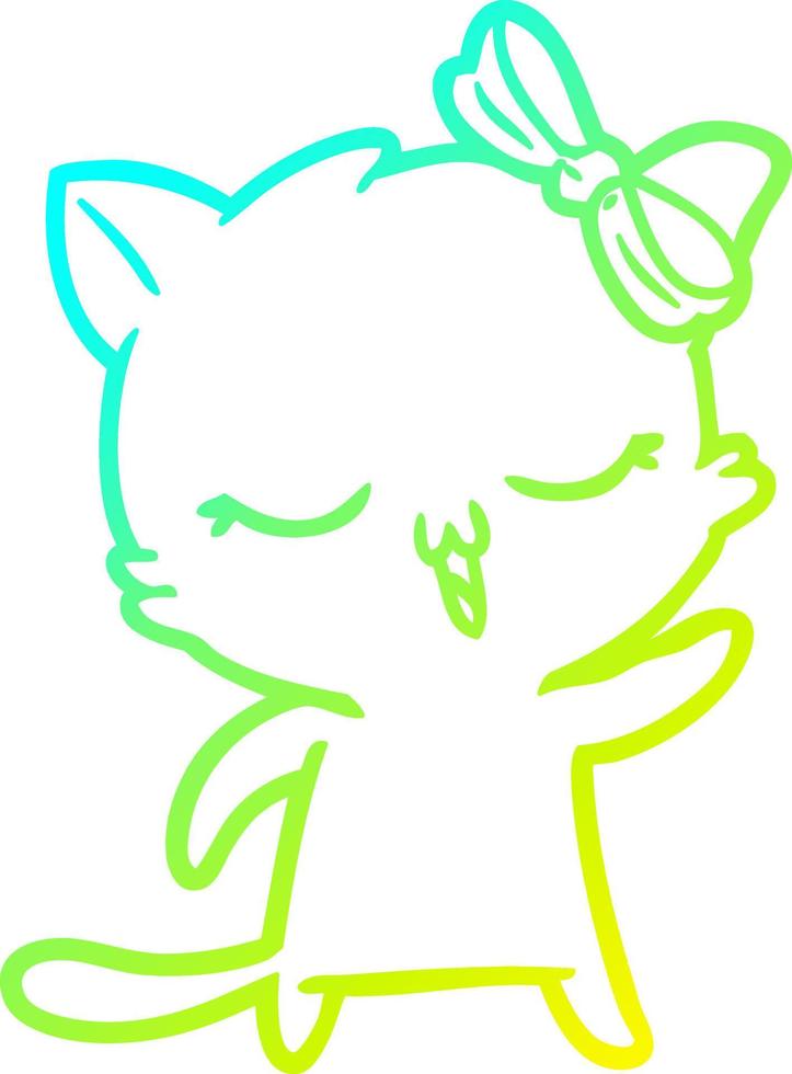 gato de dibujos animados de dibujo de línea de gradiente frío con lazo en la cabeza vector
