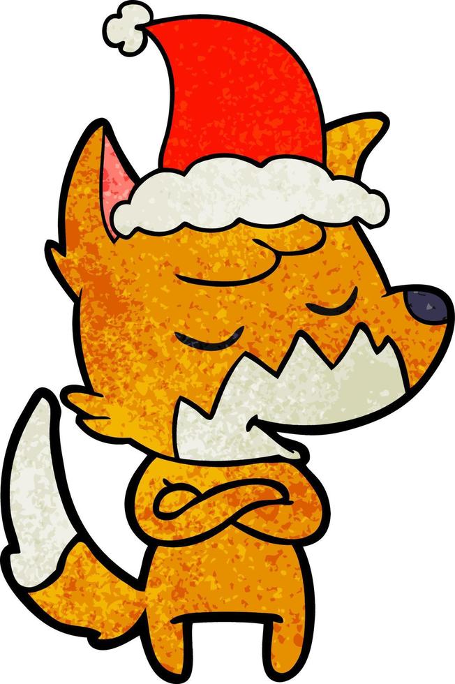 friendly textured cartoon of a fox wearing santa hat vector
