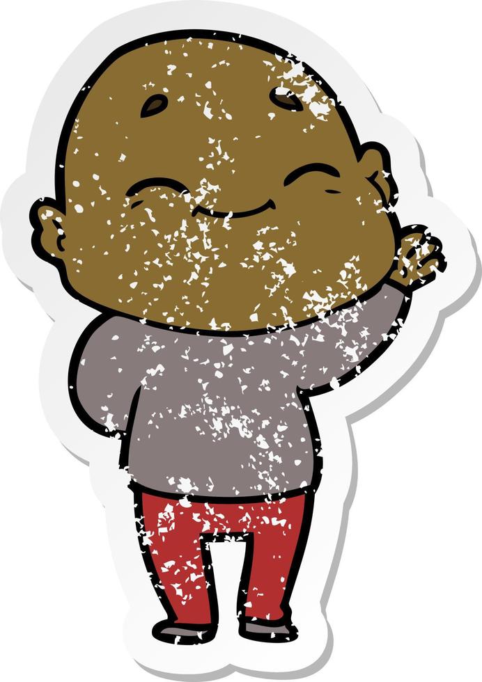 distressed sticker of a cartoon happy bald man vector