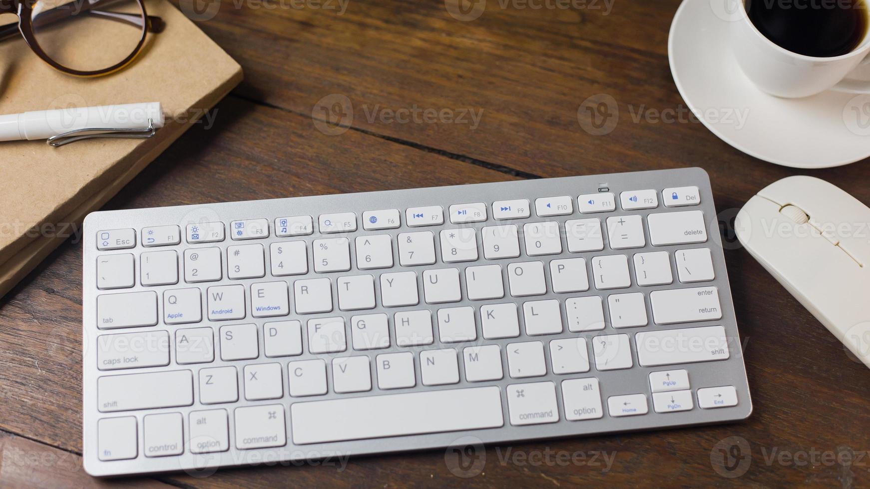 The work station office flat lay wood table image for background. photo