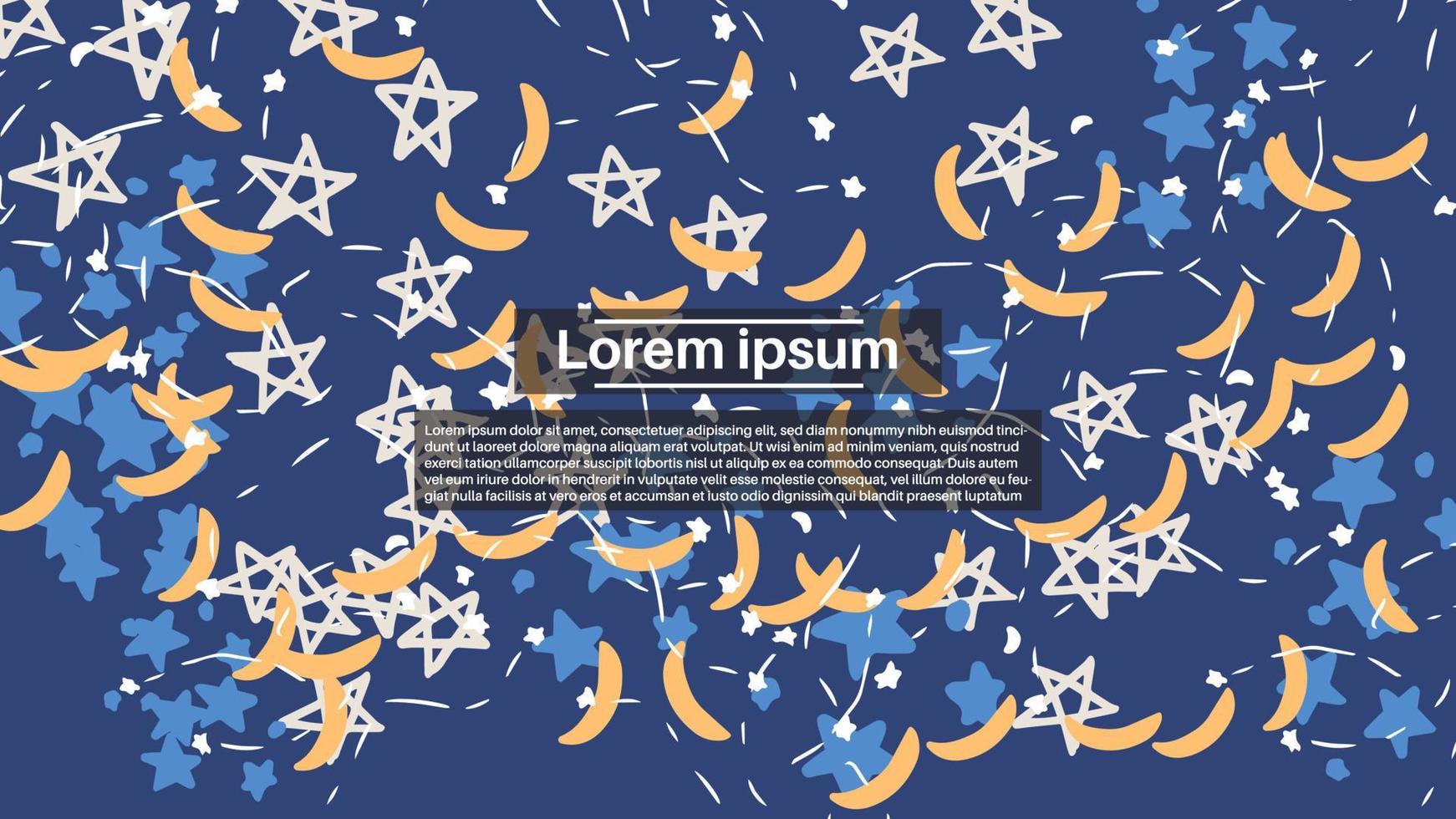 Fantasy celestial messy doodle geometric shapes background. Abstract star card, layout. Creative landing page or business background. Advertisement cover. vector