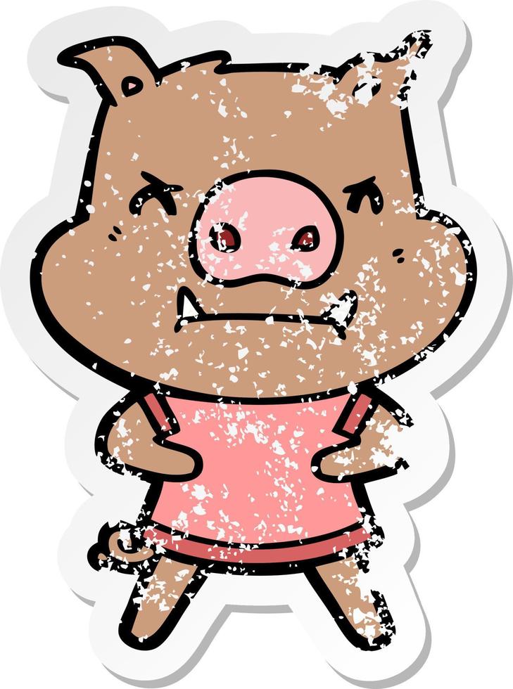 distressed sticker of a angry cartoon pig vector