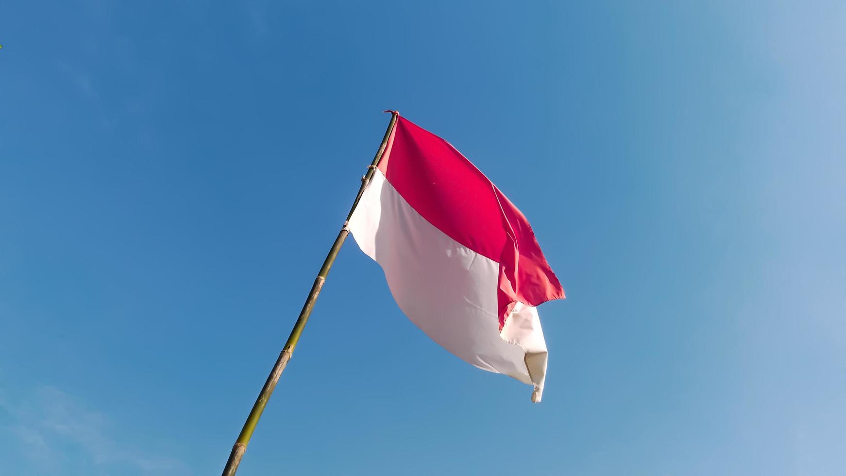 Indonesian flag with a bamboo pole waving high in the sky. Indonesian independence day August 17th photo