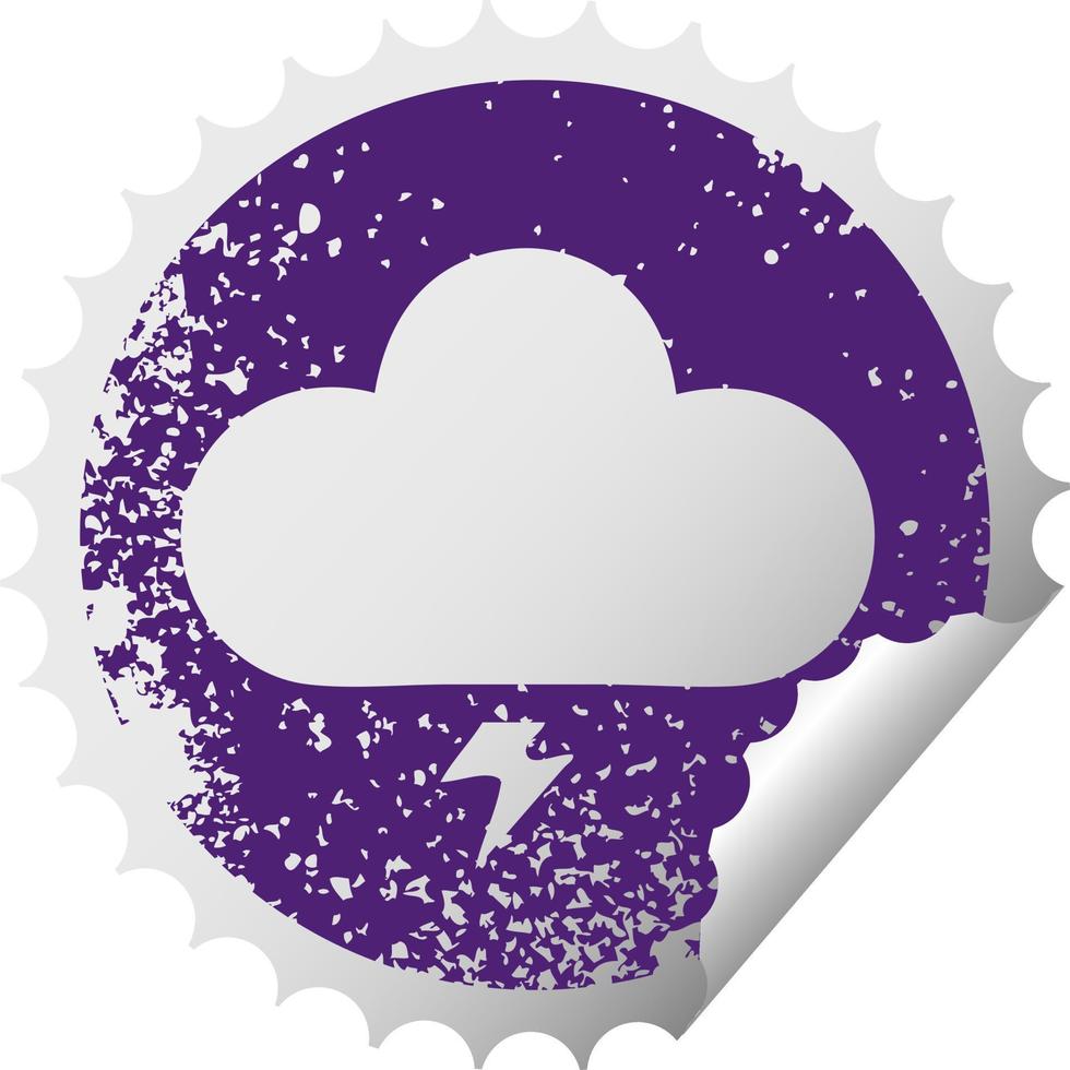 distressed circular peeling sticker symbol thunder cloud vector