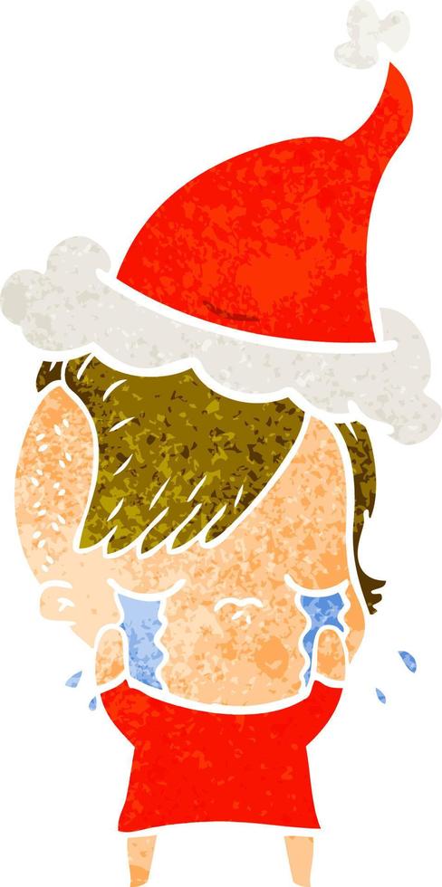 dibujos animados retro de una niña llorando con sombrero de santa vector