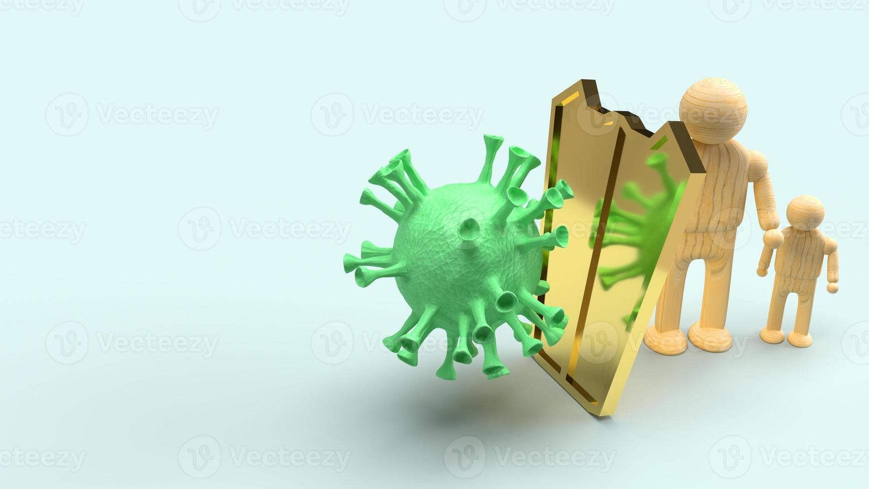 hombre escudo de madera y oro para la representación 3d de virus de protección. foto