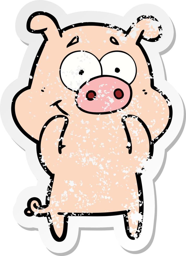 distressed sticker of a happy cartoon pig vector