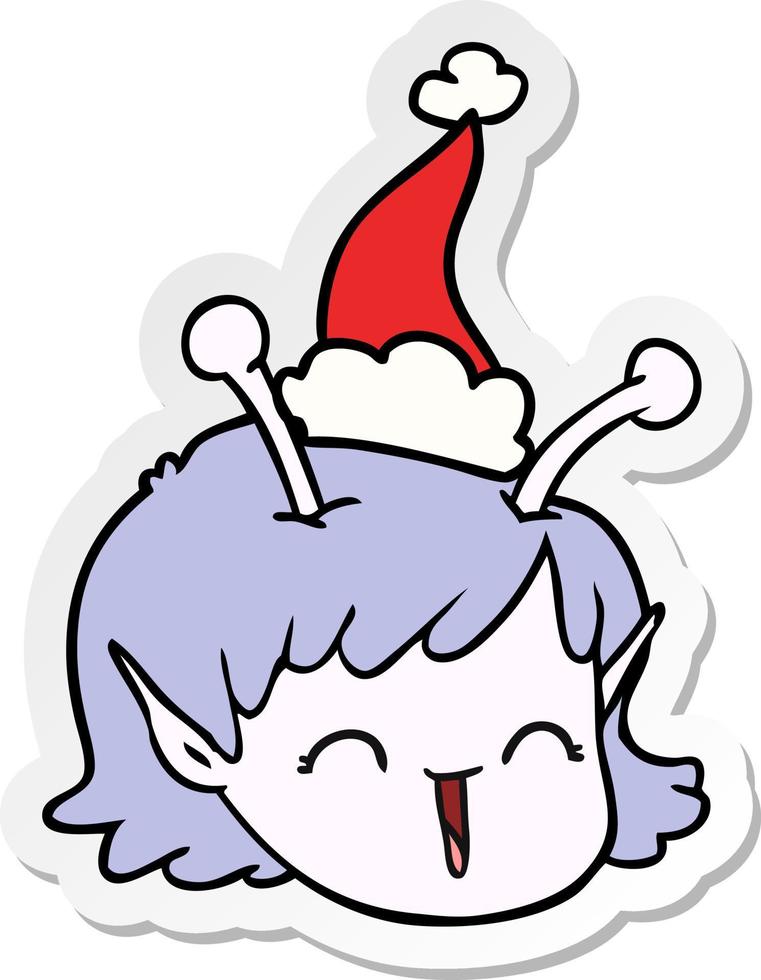 pegatina, caricatura, de, un, espacio alienígena, niña, cara, llevando, santa sombrero vector