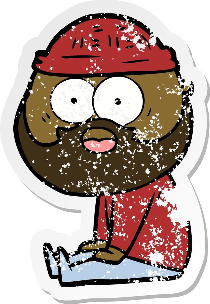 distressed sticker of a cartoon bearded man sitting vector