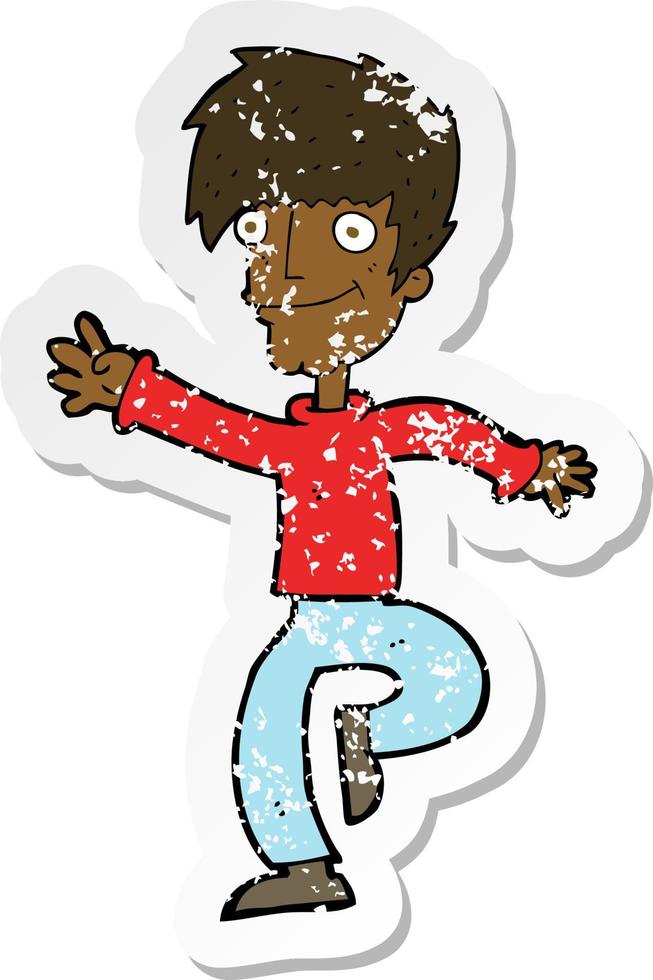 retro distressed sticker of a cartoon happy man dancing vector
