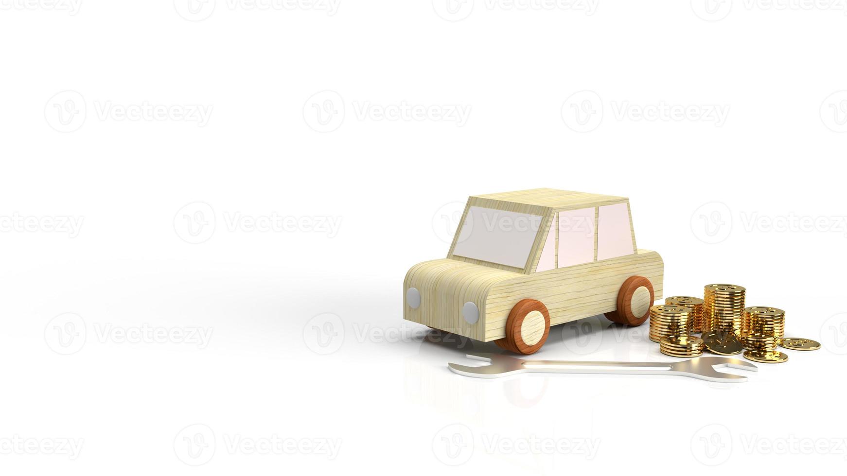 The car wood toy and wrench  gold coins on white background 3d rendering. photo
