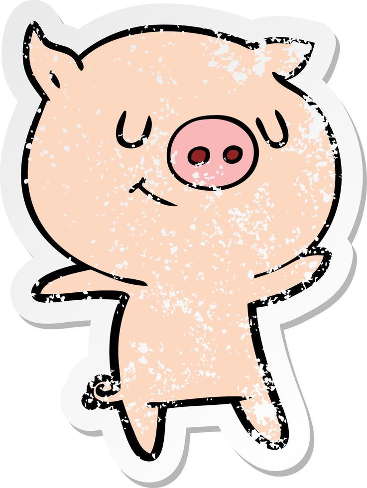 distressed sticker of a happy cartoon pig vector