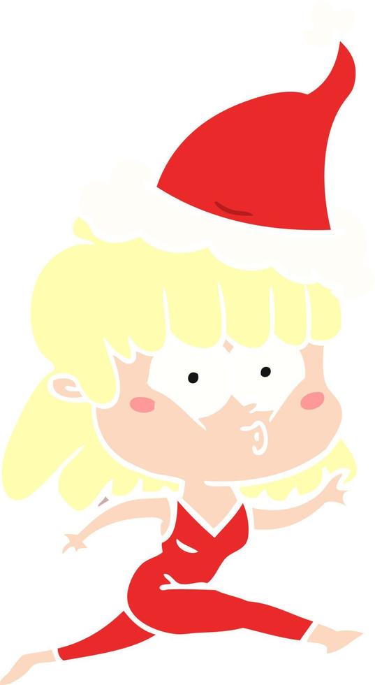 flat color illustration of a woman running wearing santa hat vector