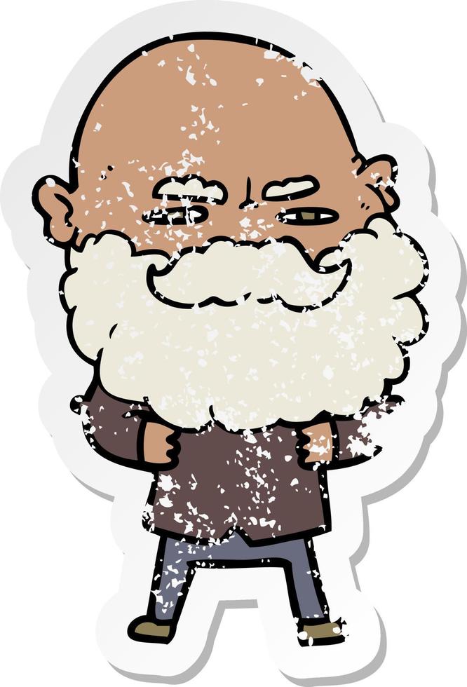 distressed sticker of a cartoon man with beard frowning vector
