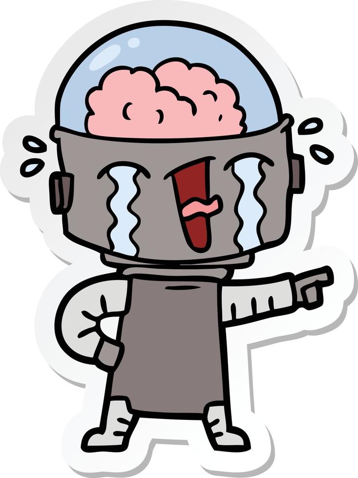 sticker of a cartoon crying robot pointing vector