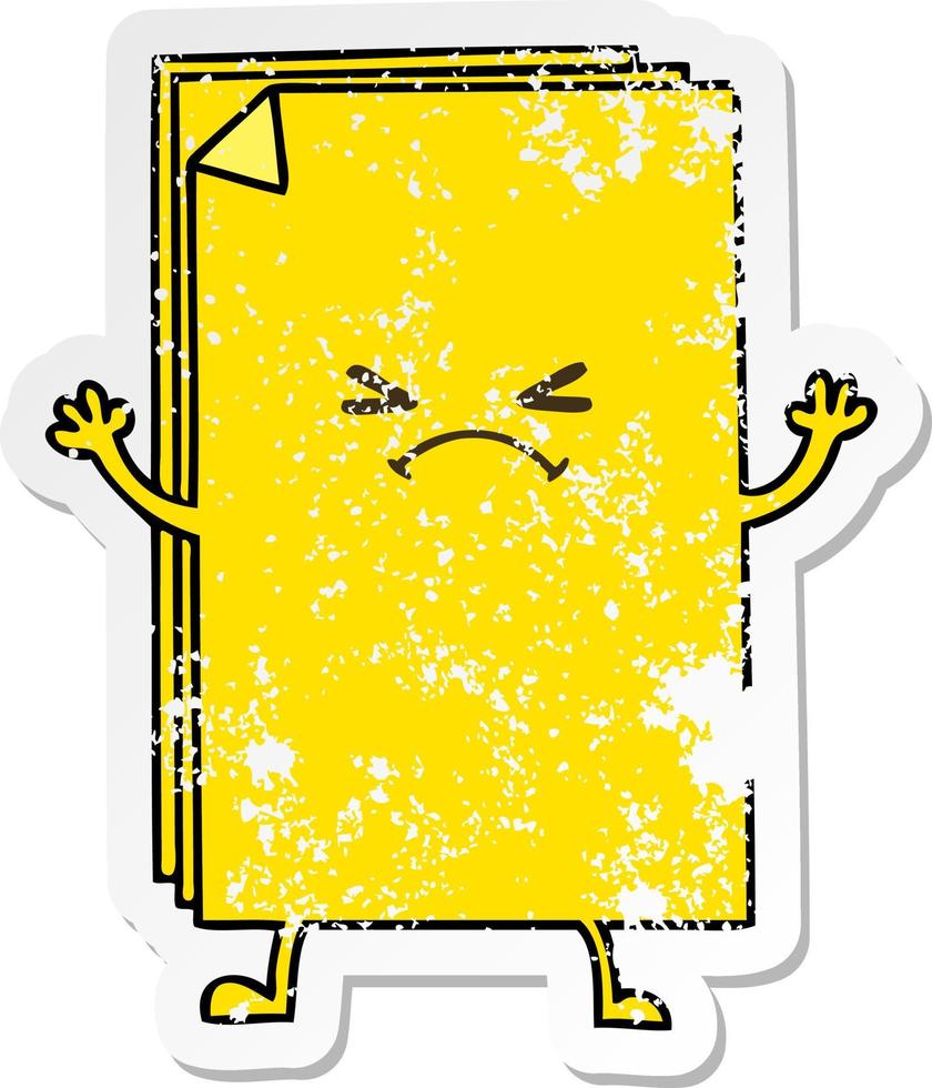 distressed sticker of a quirky hand drawn cartoon cross paper stack vector