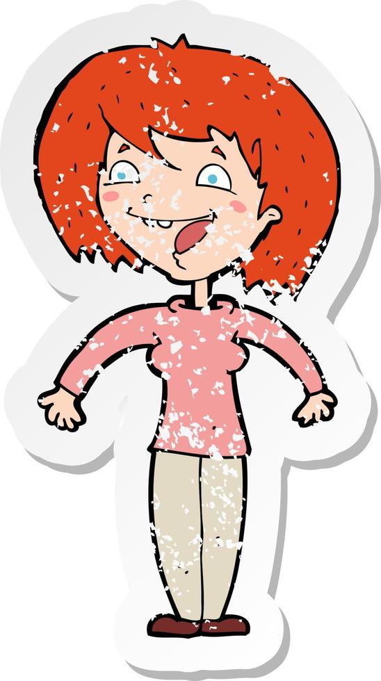 retro distressed sticker of a cartoon excited woman vector