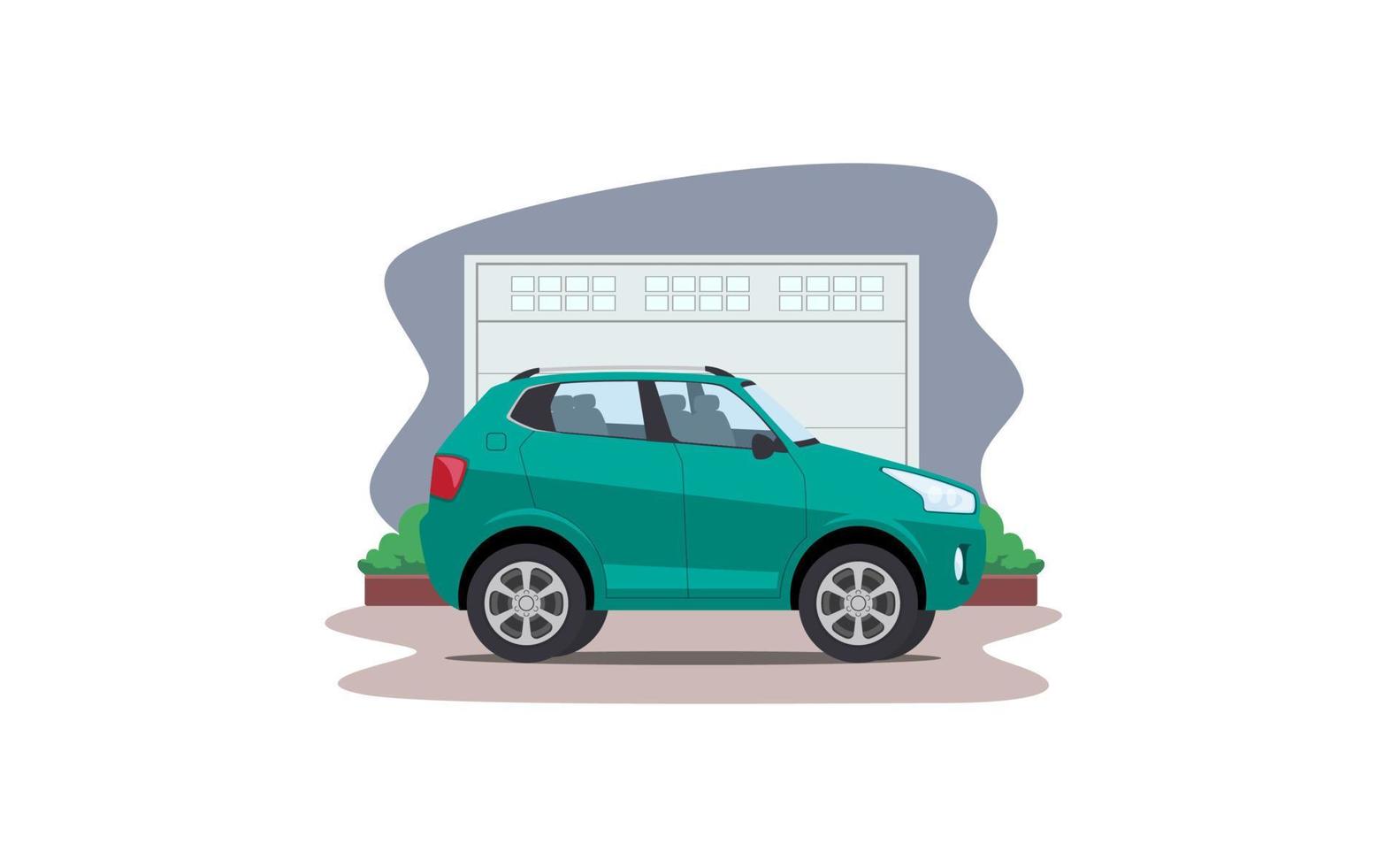 cartoon suv car in front of garage vector illustration