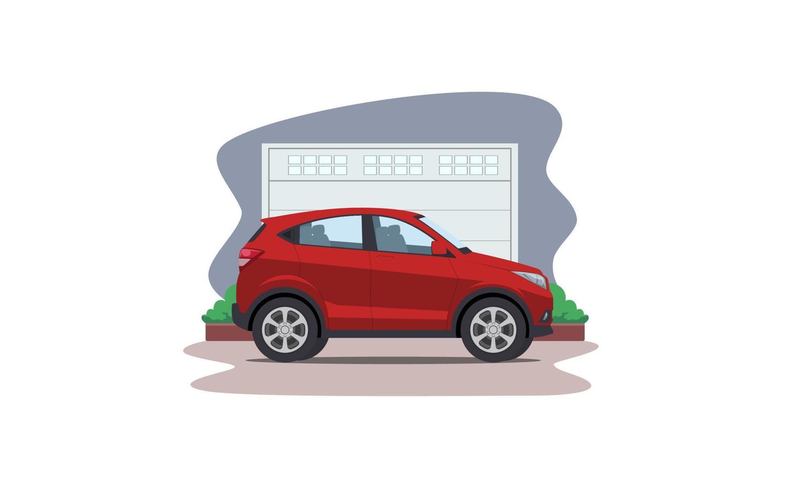 cartoon suv car in front of garage vector illustration