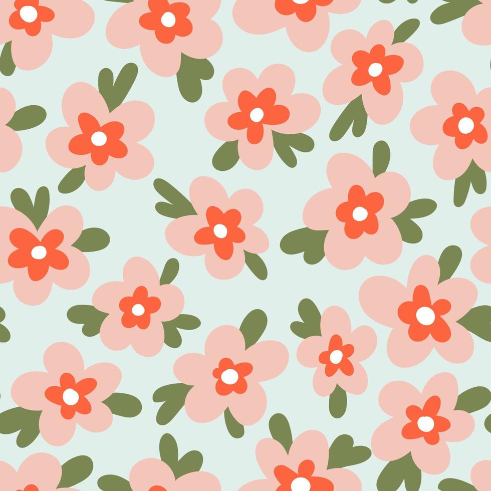 Hand drawn naive daisy loose flowers with leaves vector seamless pattern. Blotched retro floral texture for textile, print, fabric, wrap, paper.