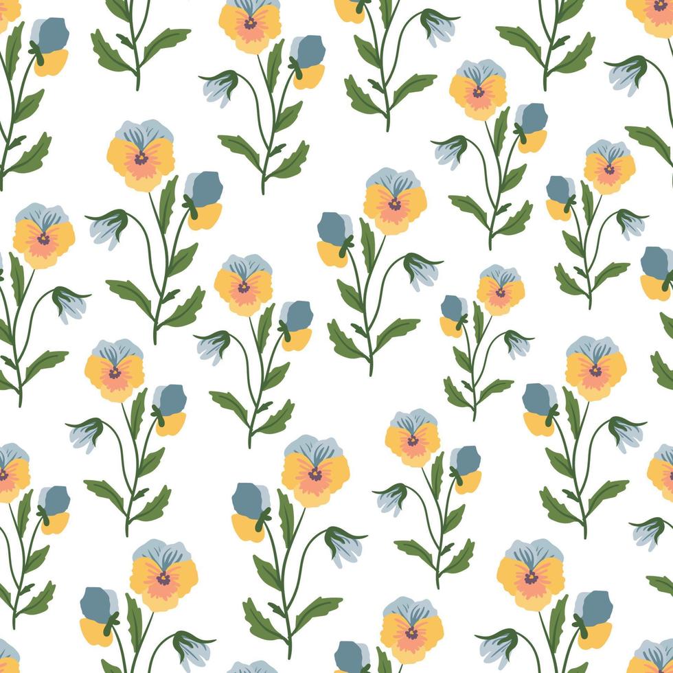 Colorful pansy flower, violet, viola vector seamless pattern. Blue, yellow, purple plants texture. Botanical design for fashion, fabric, web, wallpaper