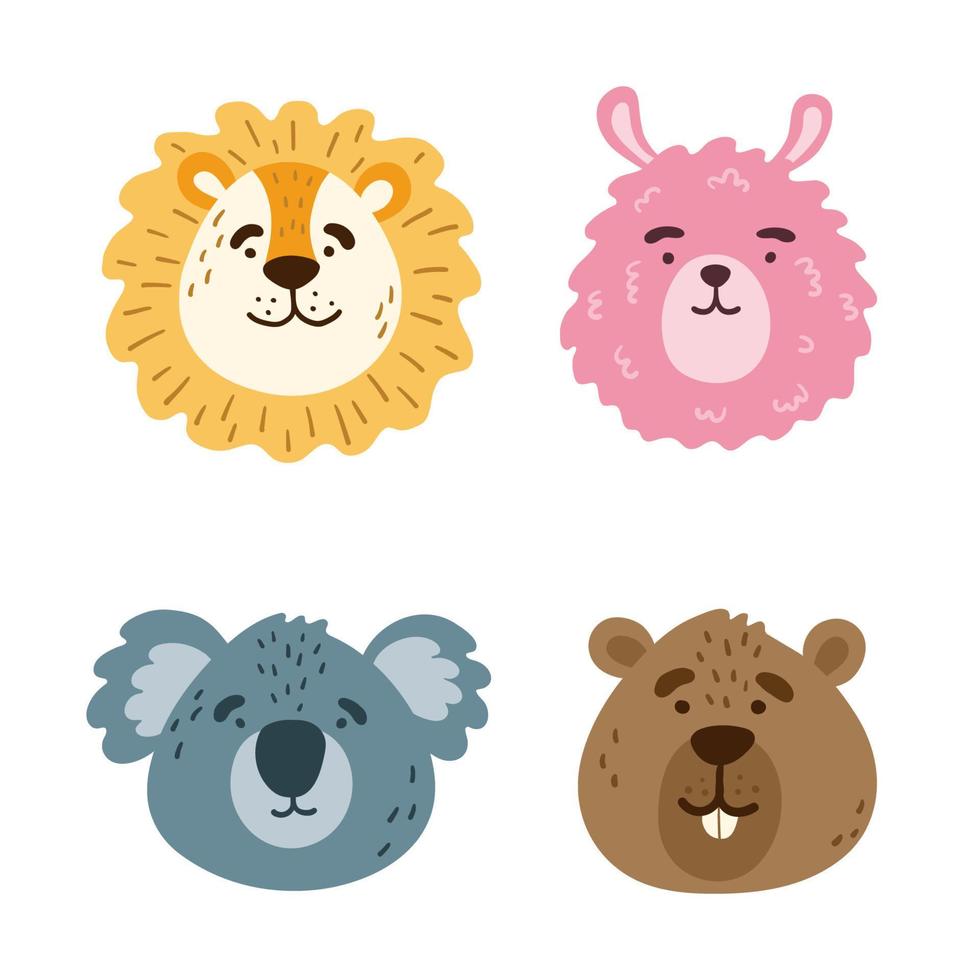 colección de lindas caras de animales divertidos, cabezas. conjunto de varios bozales aislados de dibujos animados. colecci-n-de-lindas-caras-de-animales-divertidos-cabezas-conjunto-de-varios-bozales-aislados-de-dibujos-animados