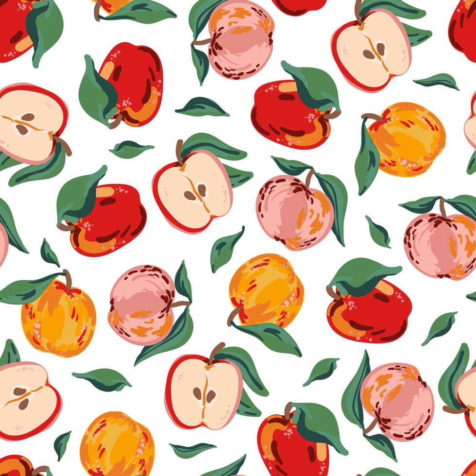 manzanas y hojas vector de patrones sin fisuras. textura de verano de frutas jugosas rojas, amarillas y rosadas para papel, cubierta, tela, papel de regalo, arte mural, decoración de interiores.