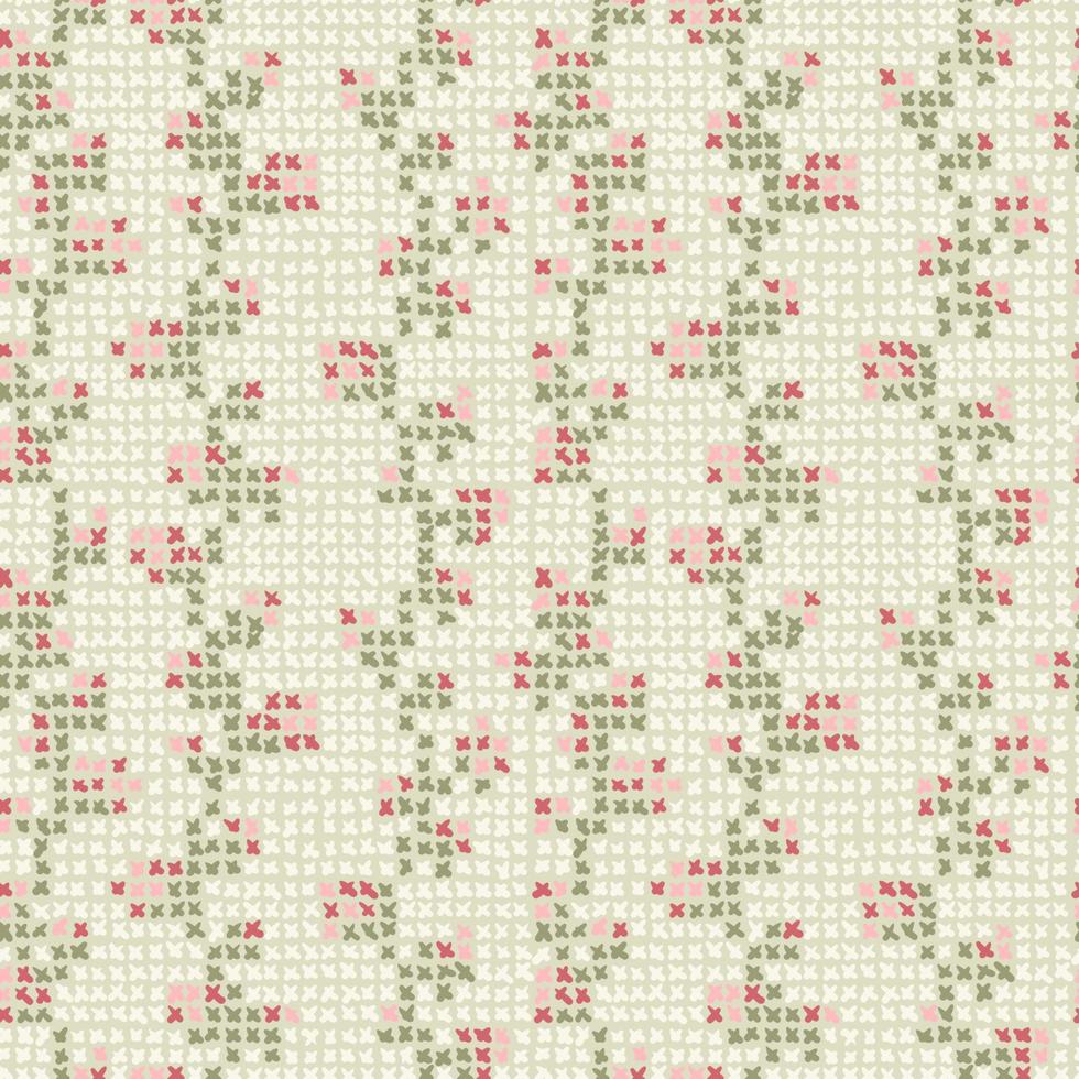 Cross stitch roses vector seamless pattern. Ethnic folk texture embroidery crosses stitches, textile or fabric print ornament.